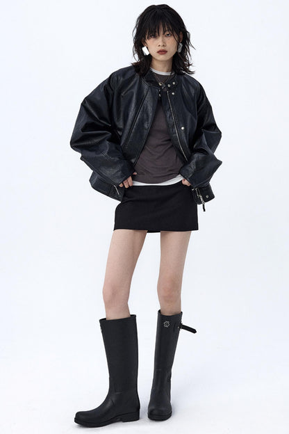 Pleated Black Leather Biker Jacket