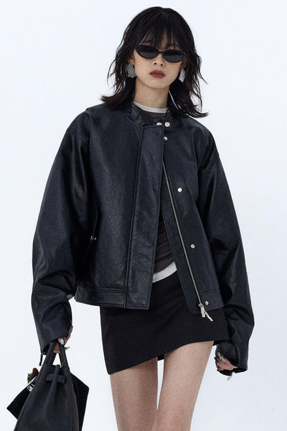 Pleated Black Leather Biker Jacket