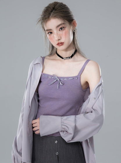 Grey Purple Lace Design Shirt