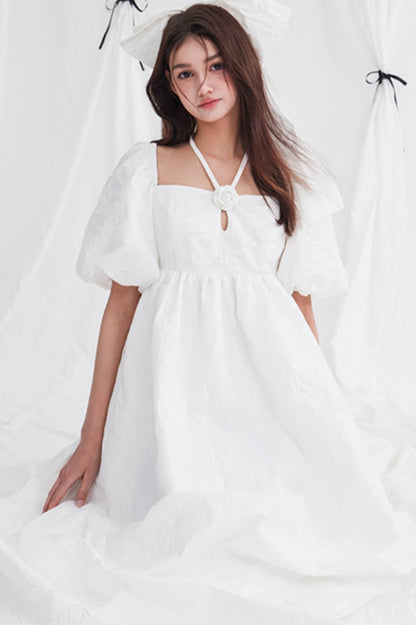 White Puff Sleeve Halterneck Dress