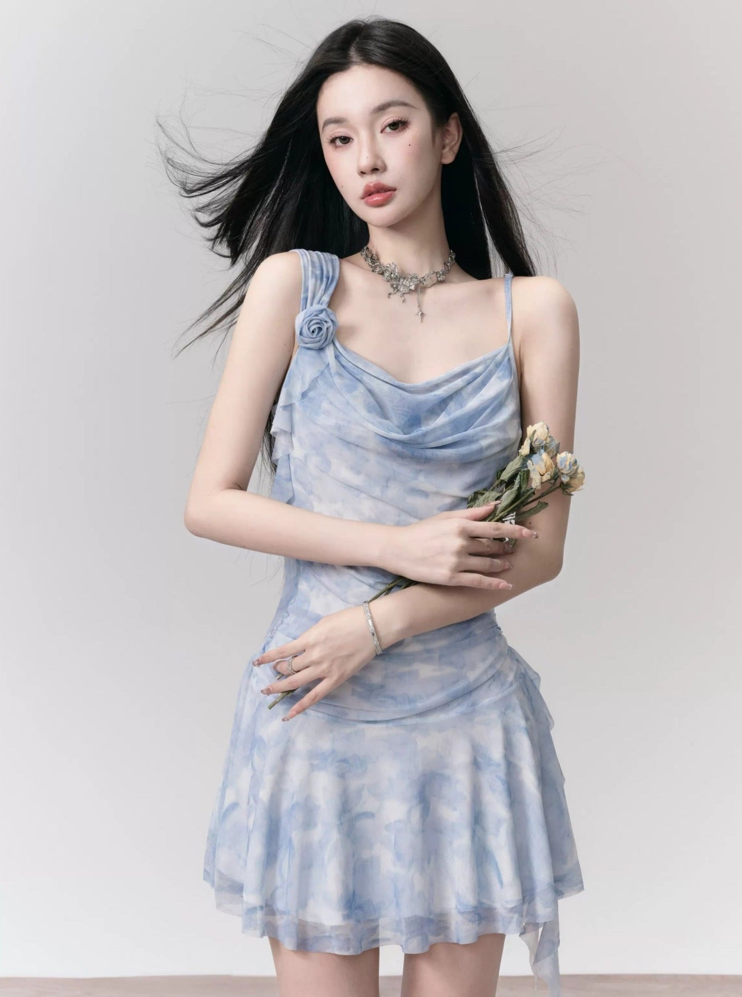 Light Blue Rose Ribbon Slip Dress