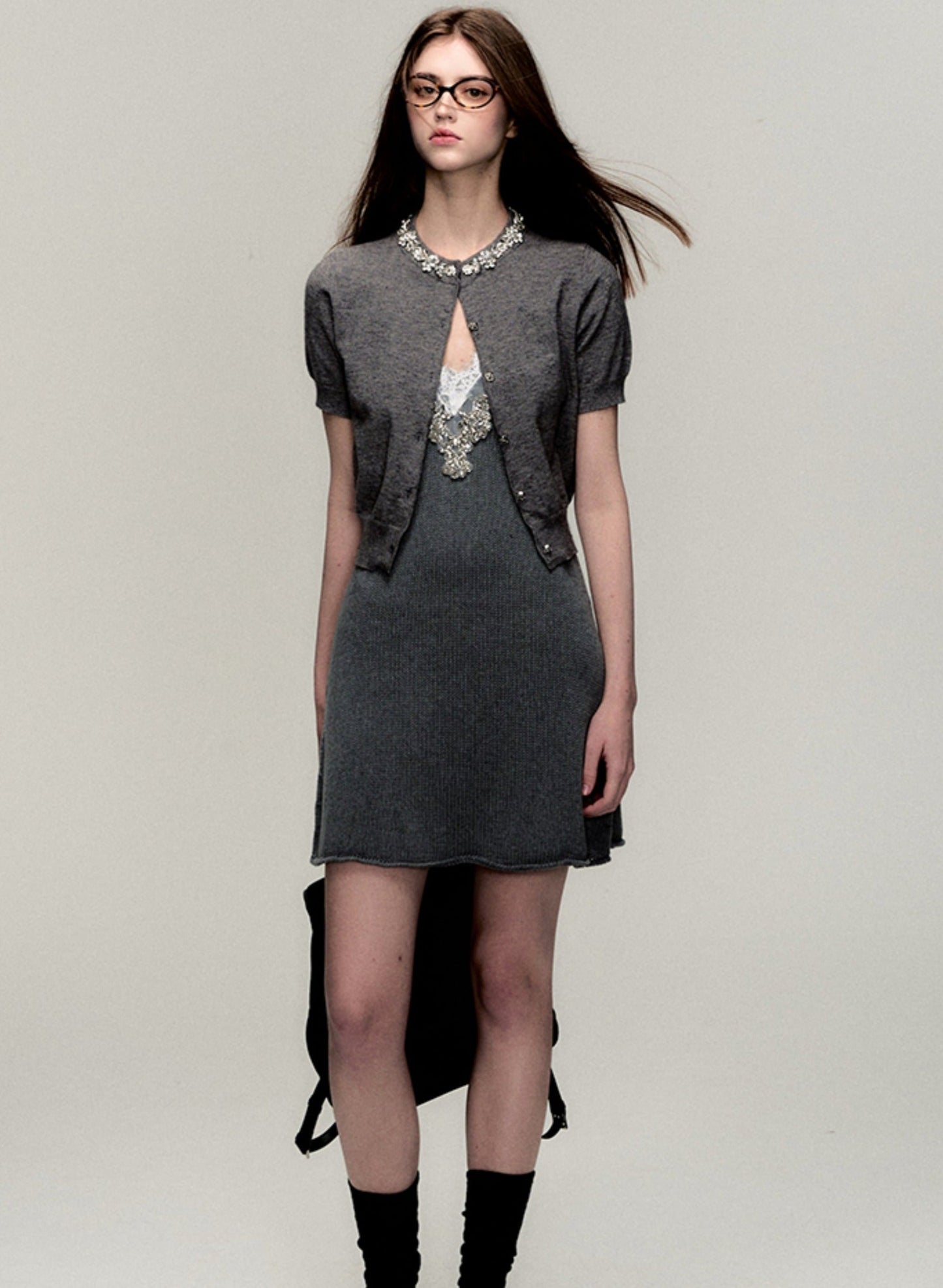 Grey V-Neck Knitted Slip Dress