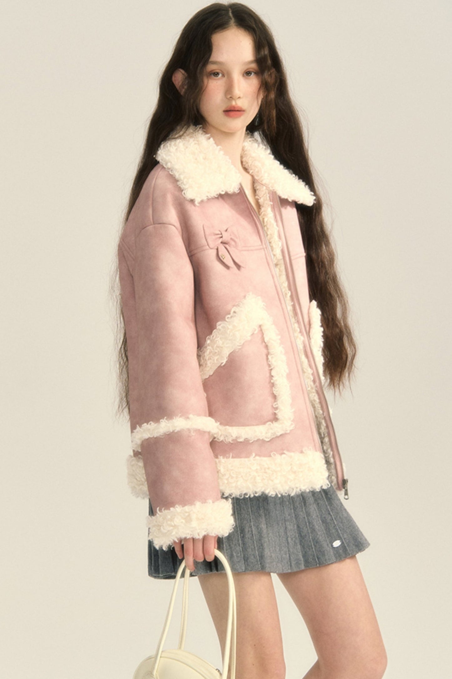 Contrasting Bow Fur Coat