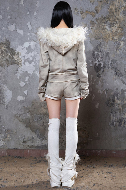 Cropped Fur Collar Punk Coat