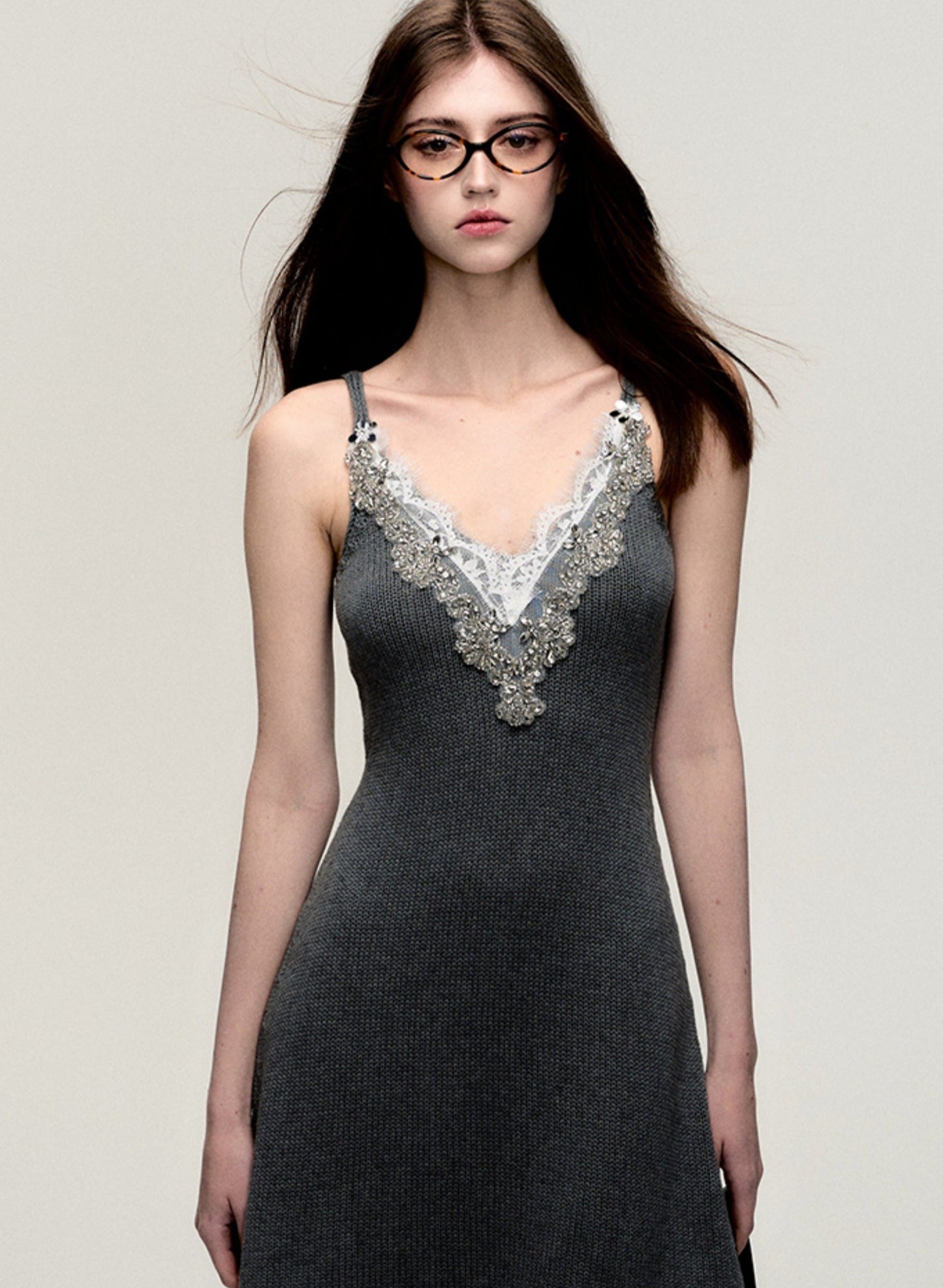 Grey V-Neck Knitted Slip Dress