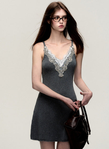 Grey V-Neck Knitted Slip Dress