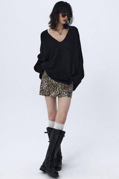 Leopard Print Twill Denim Skirt