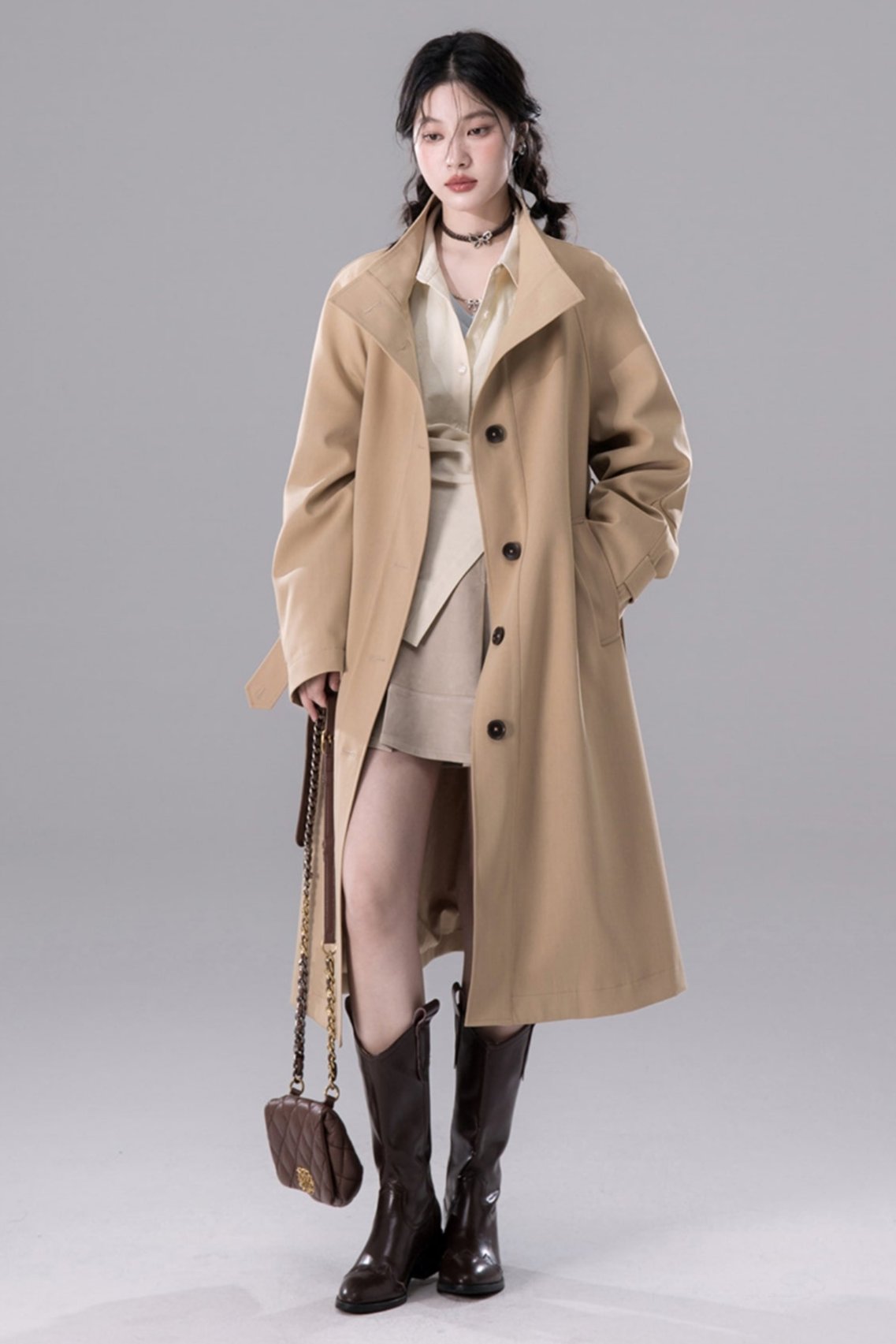 Lilac Khaki Chimney Neck Trench Coat