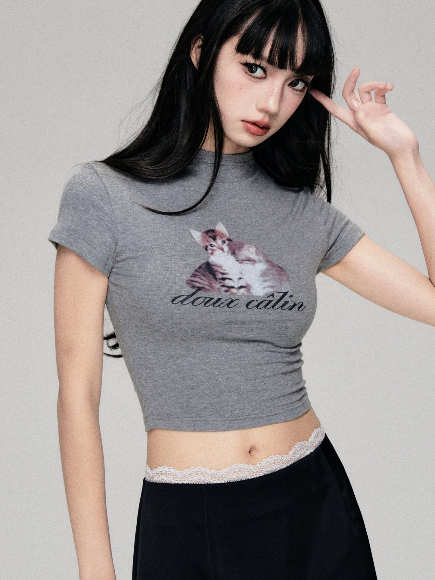 Fun Cat Print Cropped T-Shirt