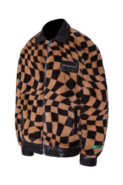 Checkered Panel Fur Coat