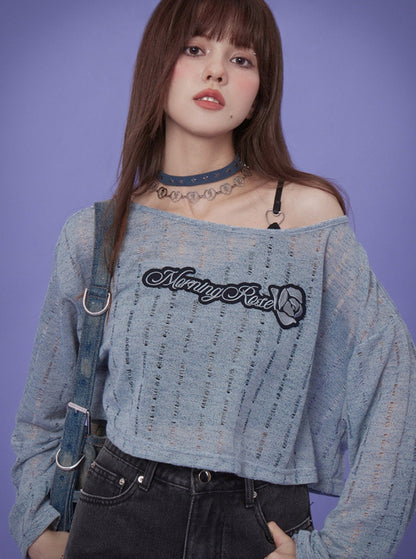 Blue Hollow Knitted Top