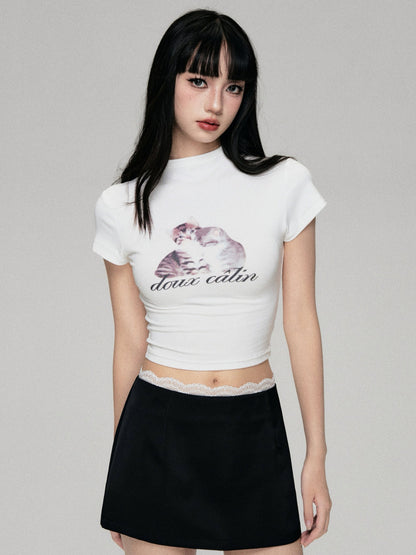 Fun Cat Print Cropped T-Shirt