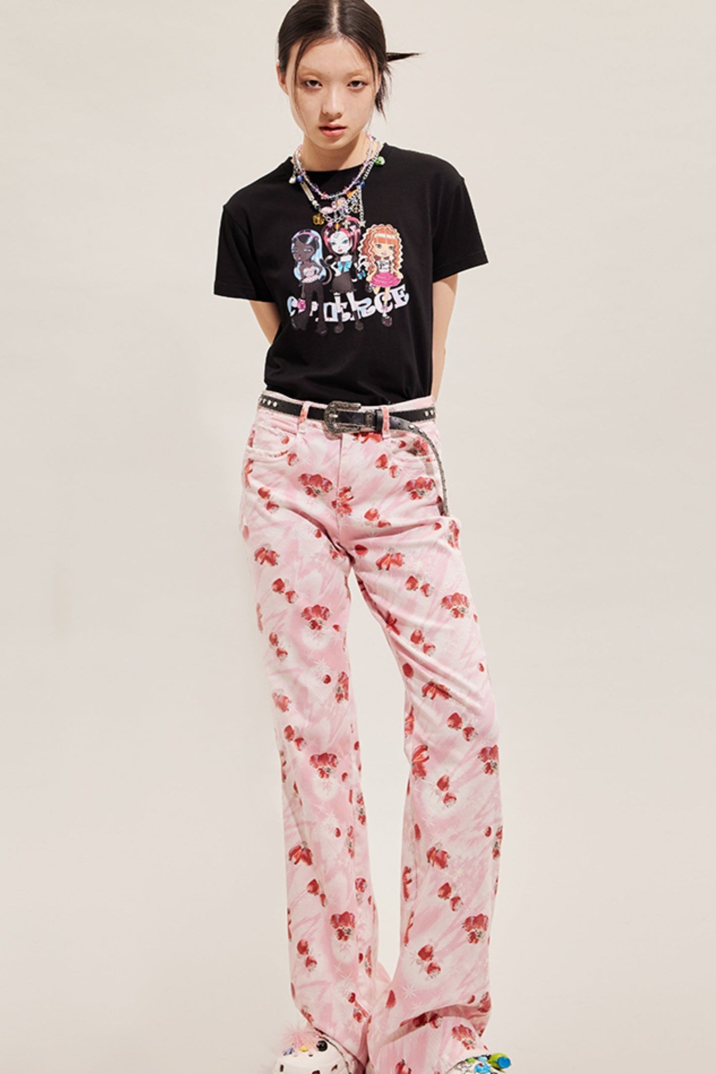 Strawberry Patterned Denim Flare Pants