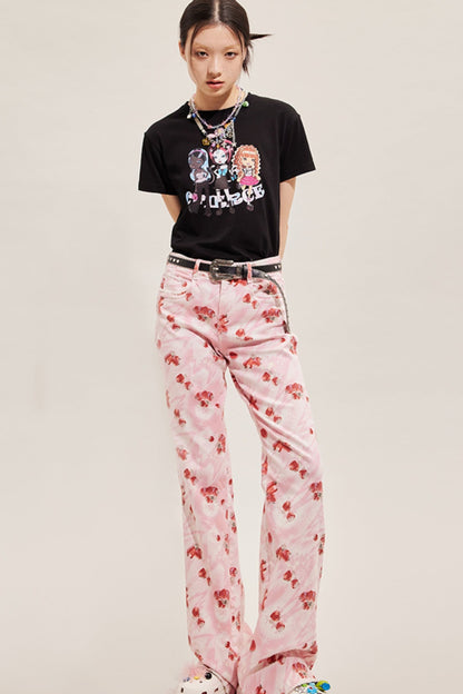 Strawberry Patterned Denim Flare Pants