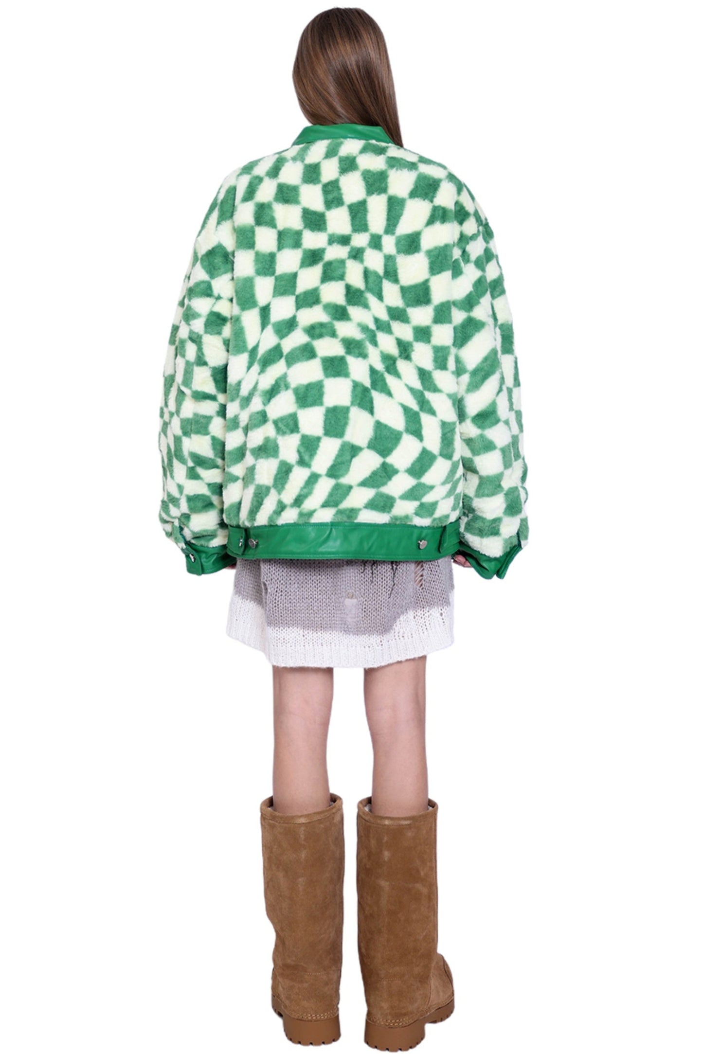 Checkered Panel Fur Coat