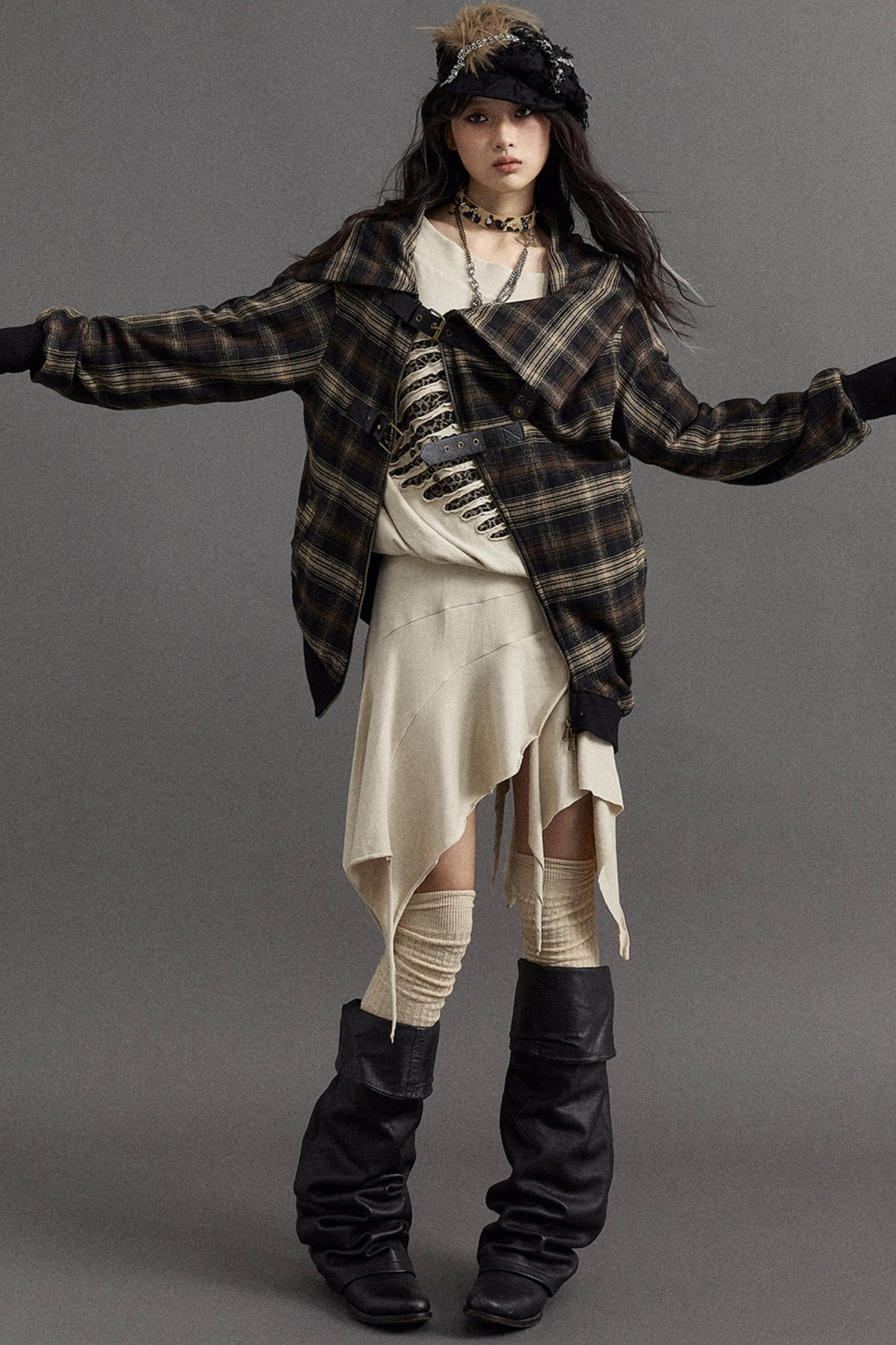 Asymmetric Check Punk Jacket