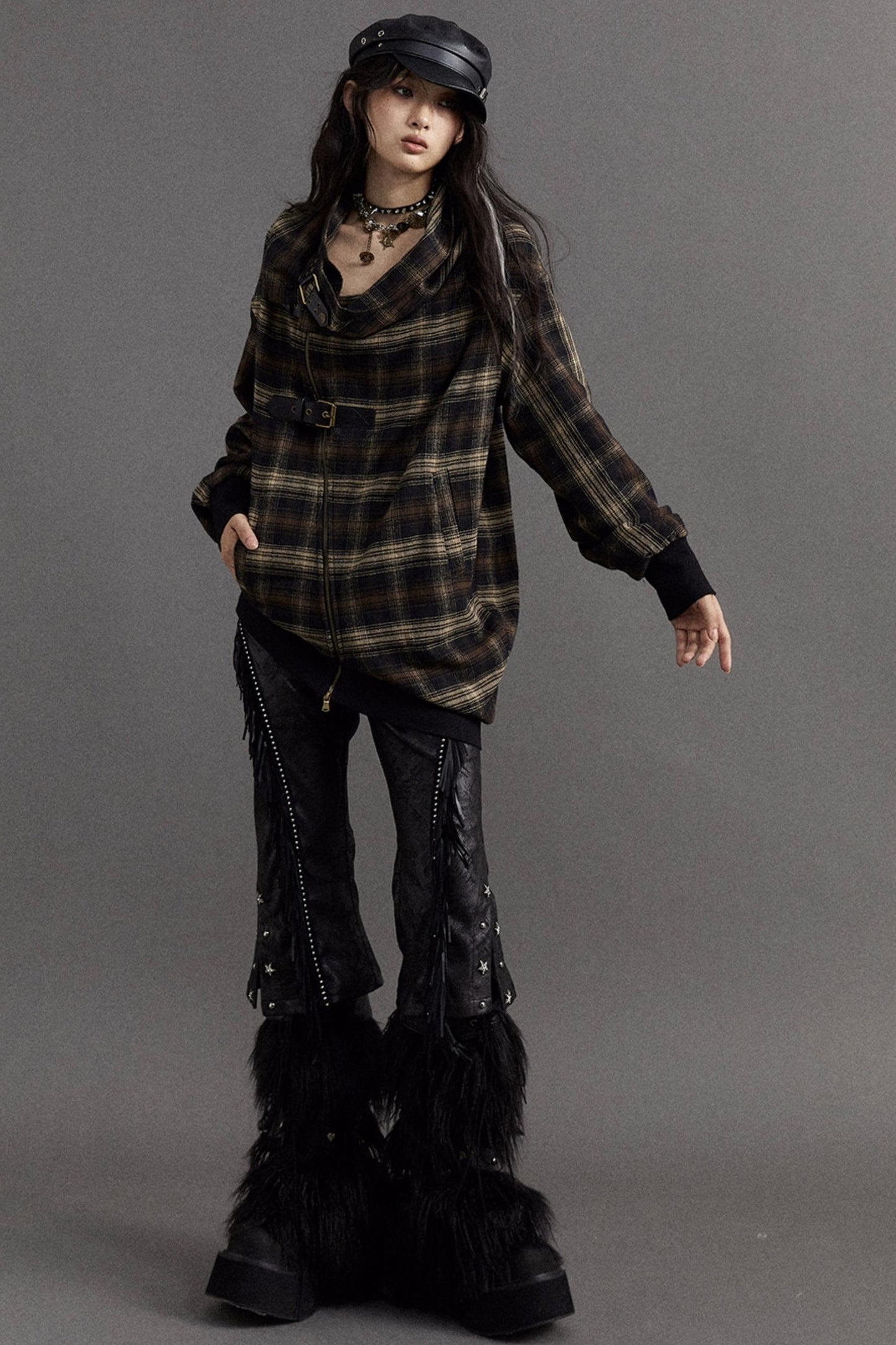 Asymmetric Check Punk Jacket