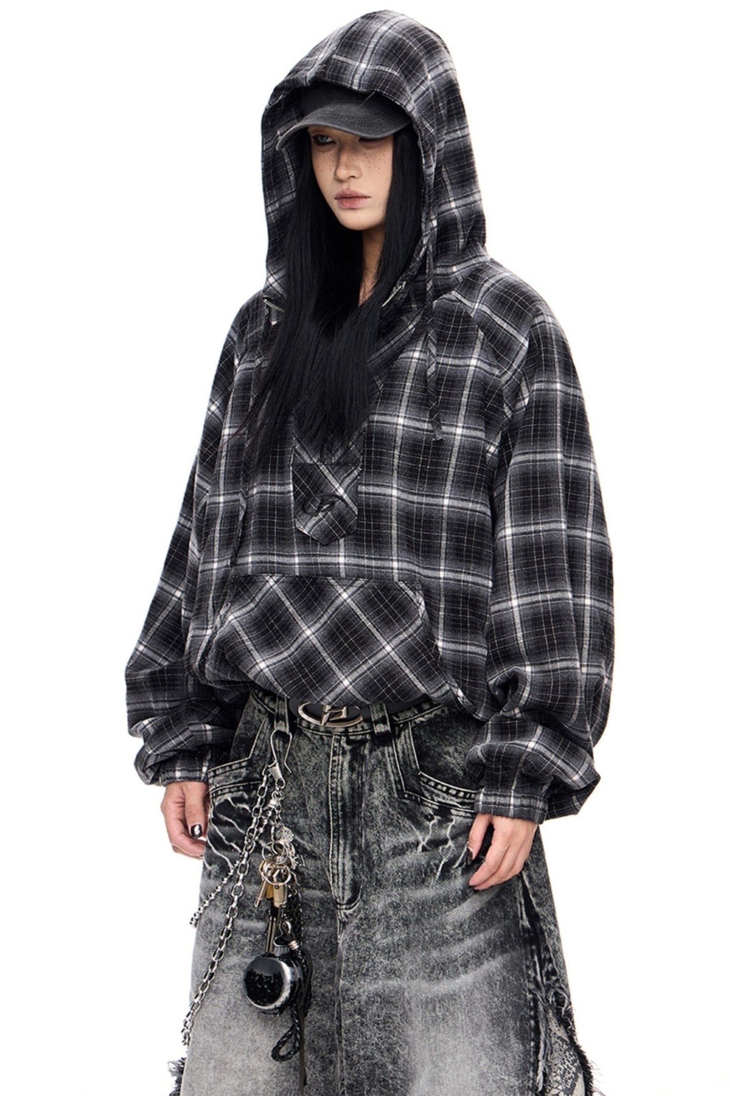 Retro Check Drawstring Baggy Hoodie