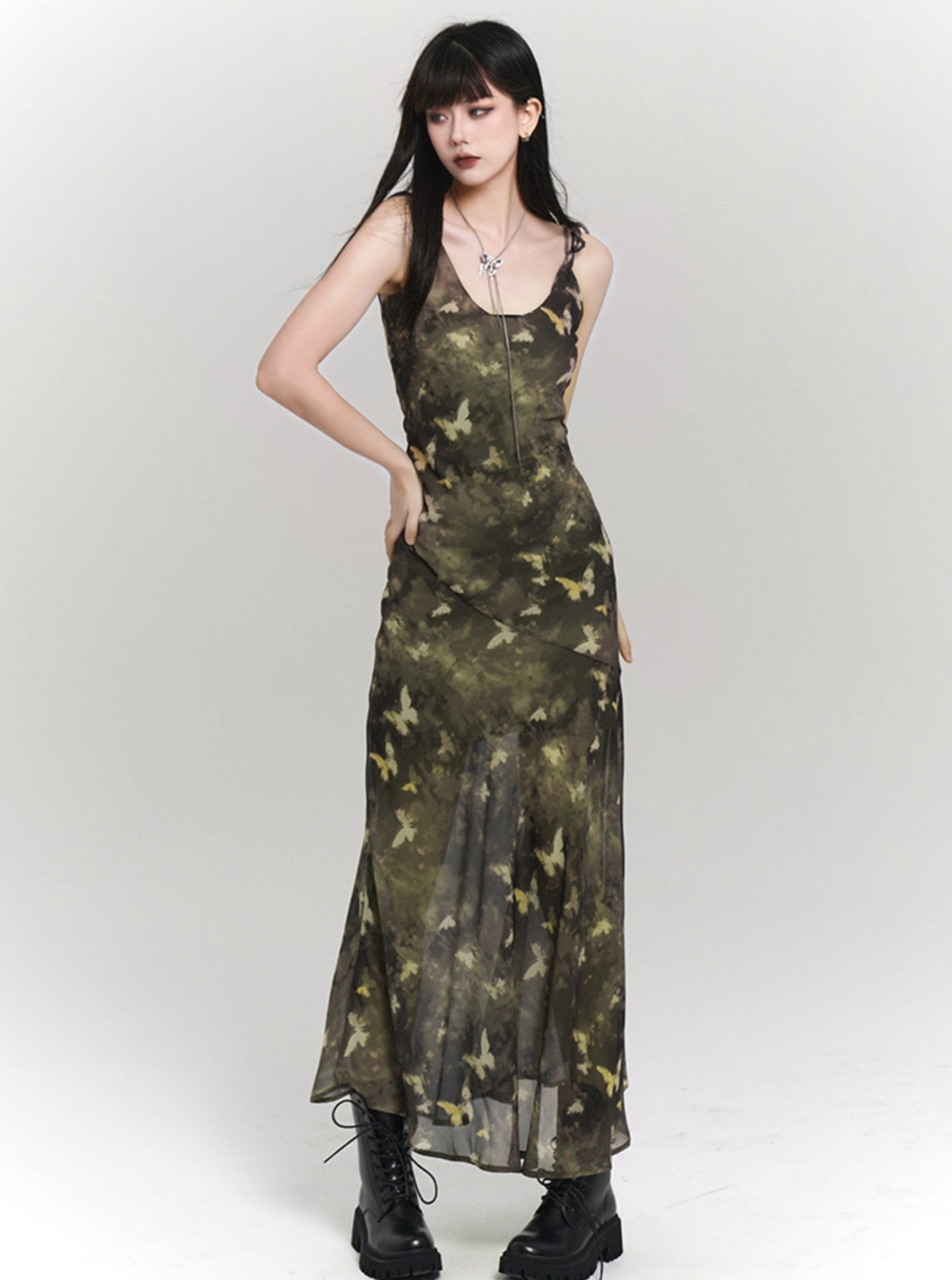 Green Butterfly Chinese Slip Dress