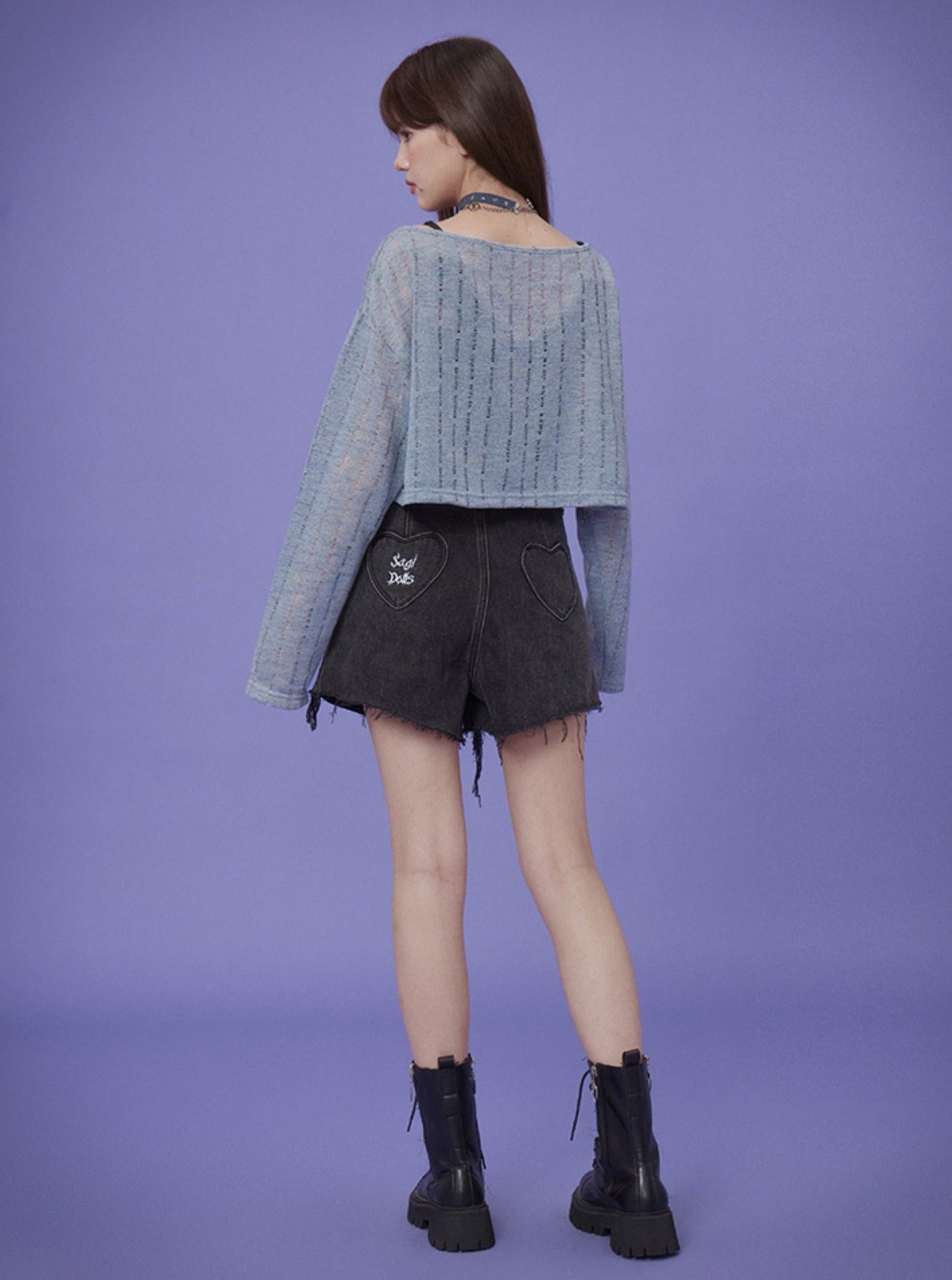 Blue Hollow Knitted Top