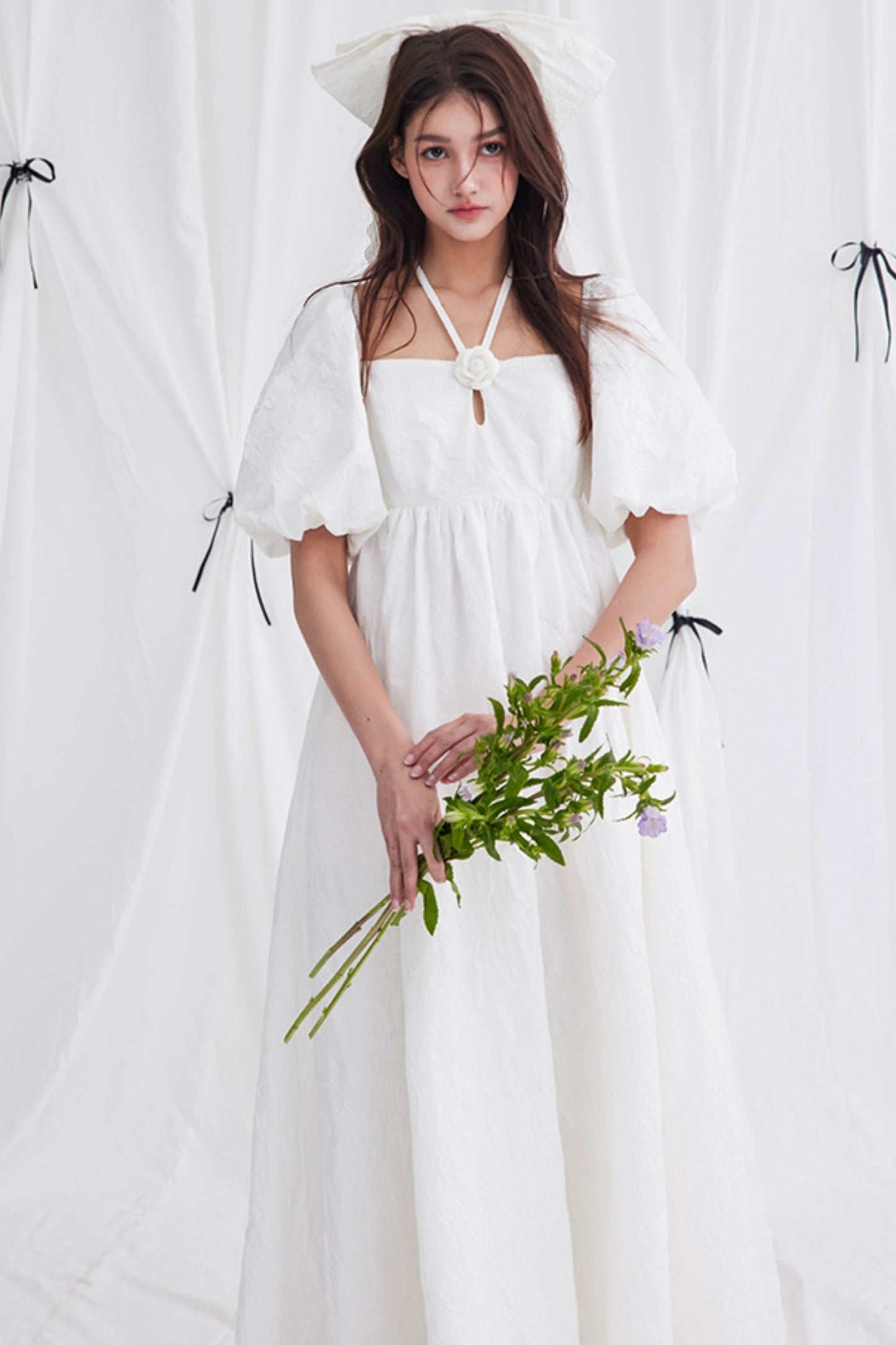 White Puff Sleeve Halterneck Dress