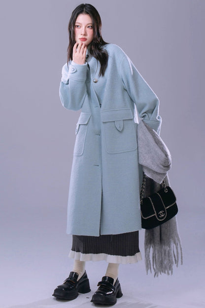 Blue Waxy Wool Long Coat