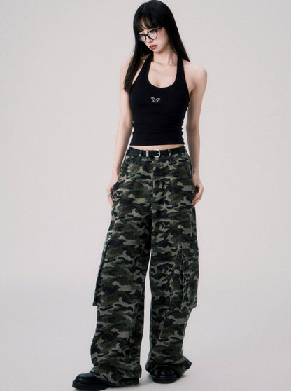 Camouflage Low Rise Cargo Pants