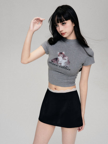 Fun Cat Print Cropped T-Shirt