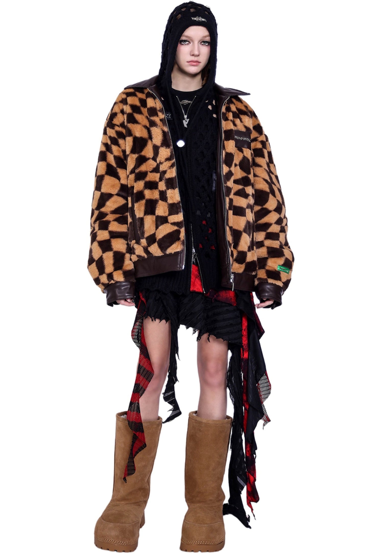 Checkered Panel Fur Coat