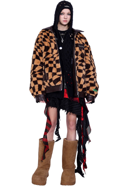 Checkered Panel Fur Coat