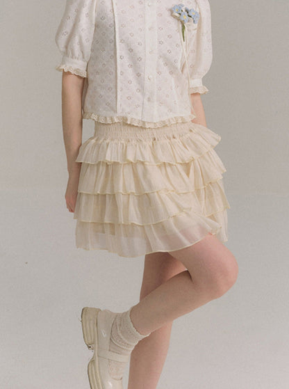 Tencel Ruffle Collar Shirt & Cake Skirt Set-Up