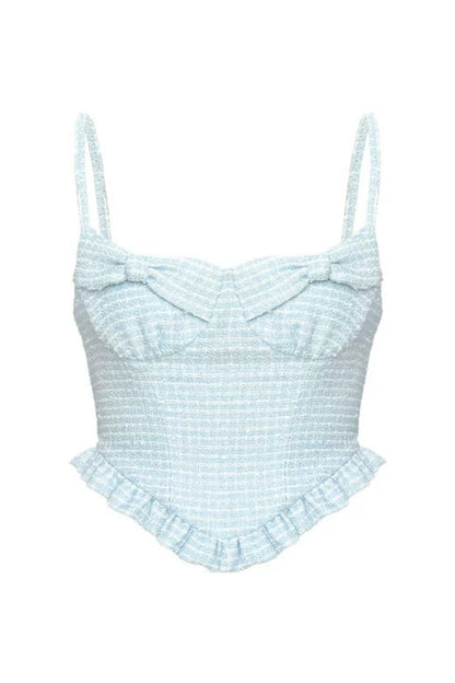 Powder Blue Tweed Ruffle Corset Top