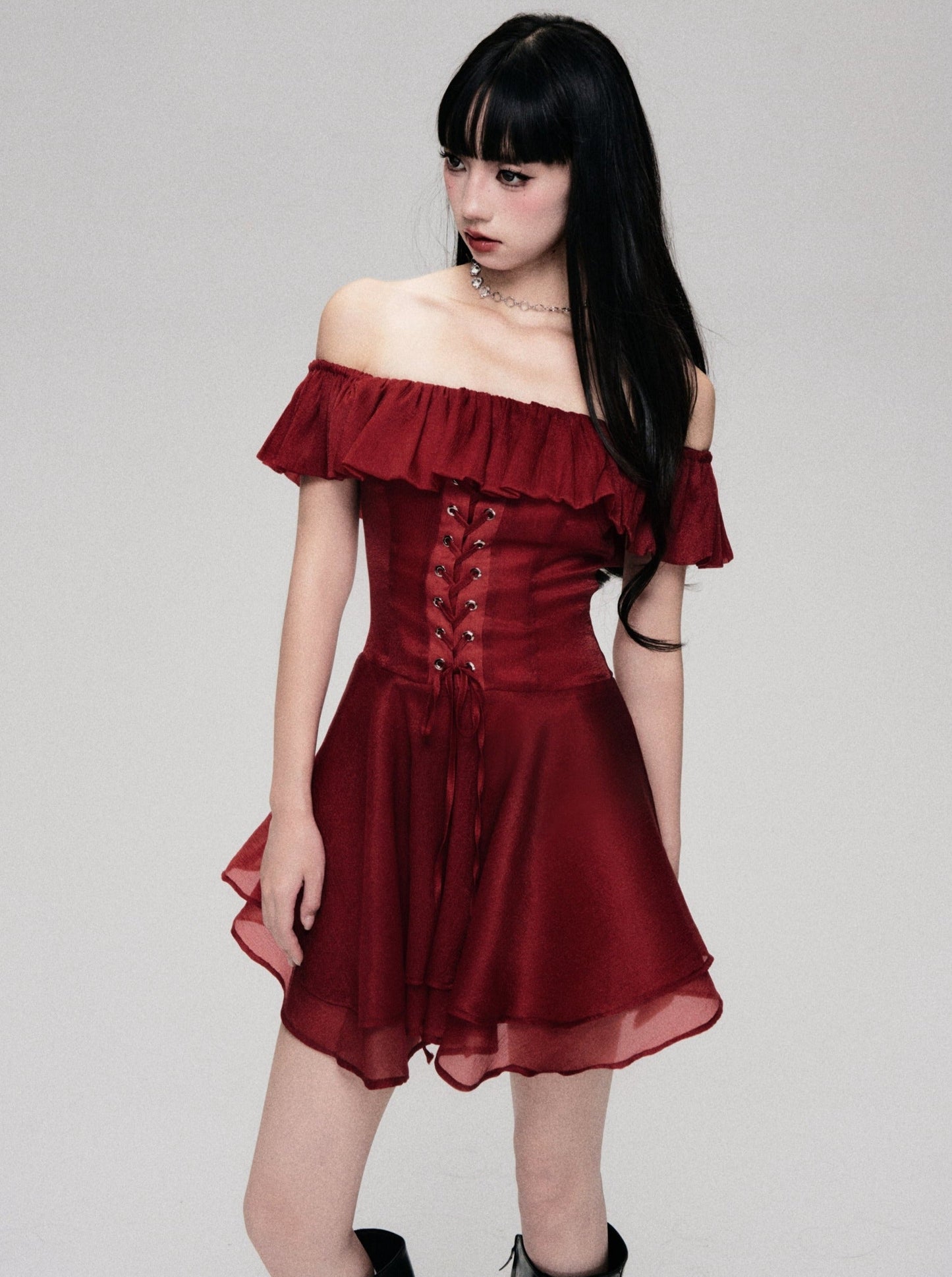 Red Rose Lace-up One-Shoulder Dress