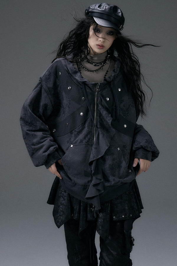 Ruffle Panel Loose Sweatshirt Jacket