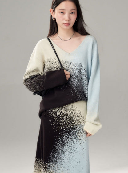 Gradient V-Neck Sweater Knitted Tops Skirt Set