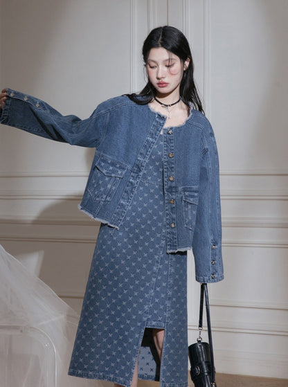 Edged Jacquard Denim Jacket Sundress Set