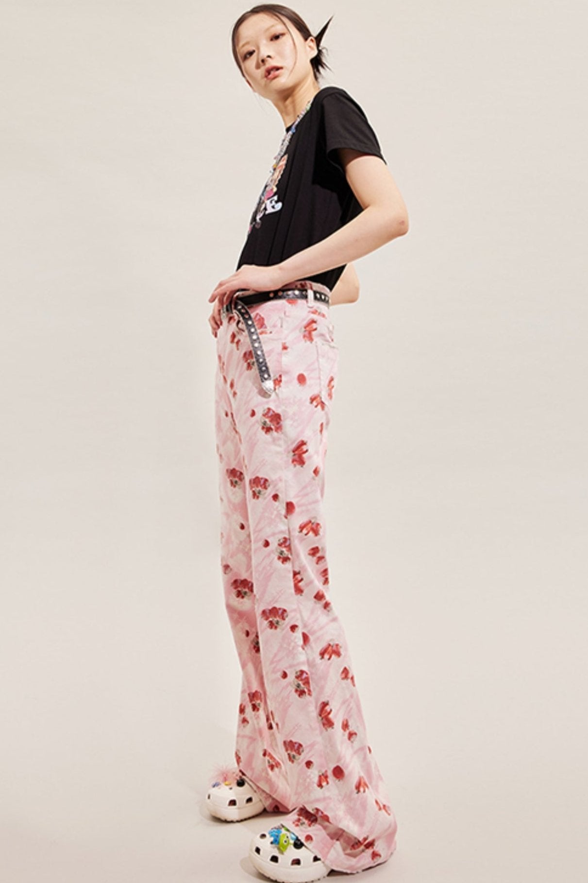 Strawberry Patterned Denim Flare Pants