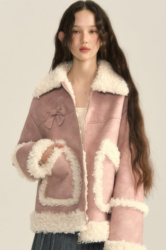 Contrasting Bow Fur Coat