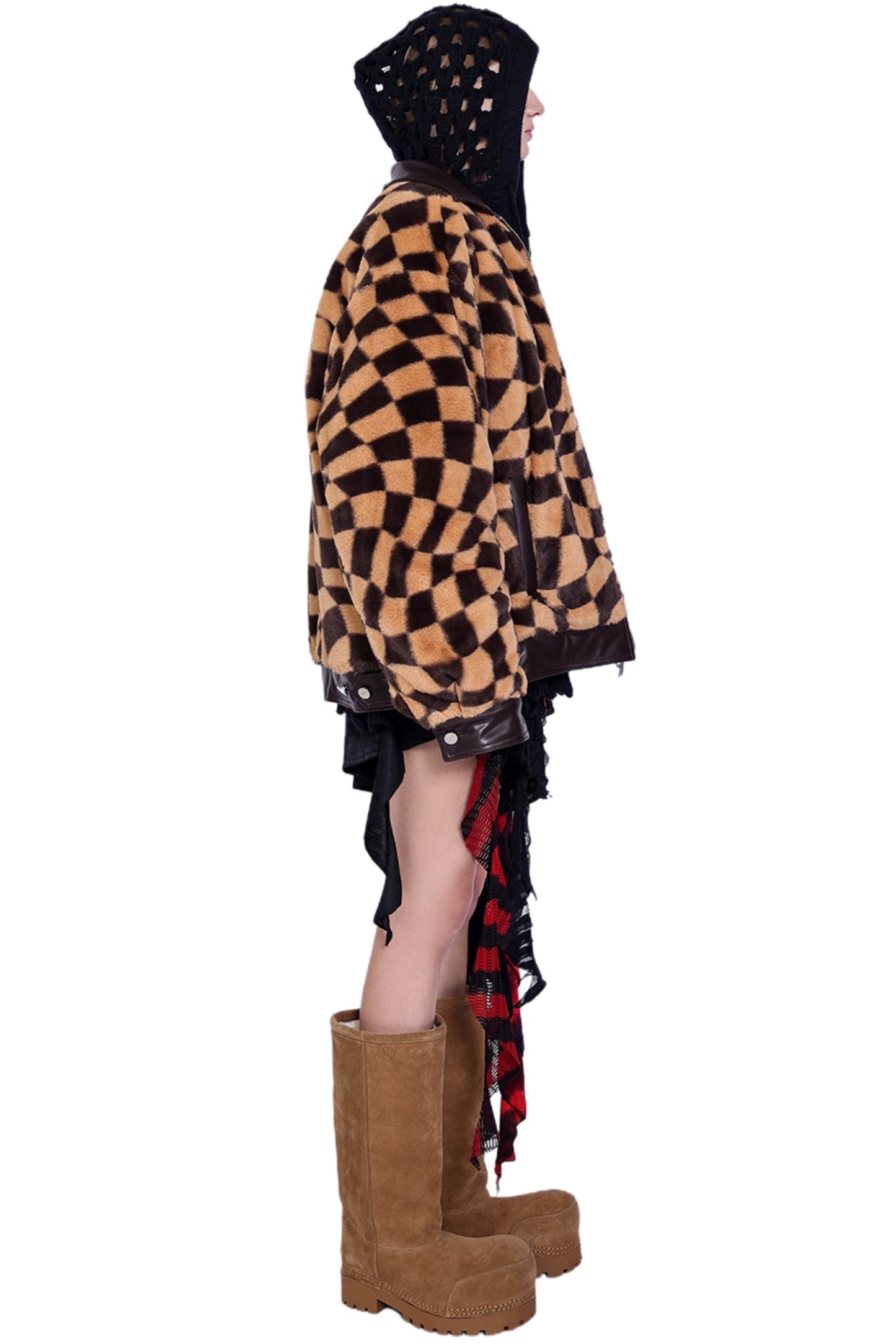 Checkered Panel Fur Coat