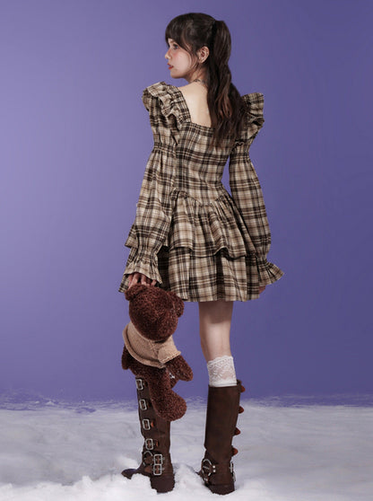 Brown Grid Bow Princess Dress