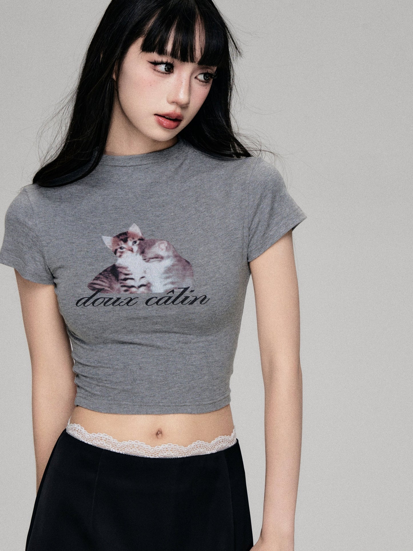 Fun Cat Print Cropped T-Shirt