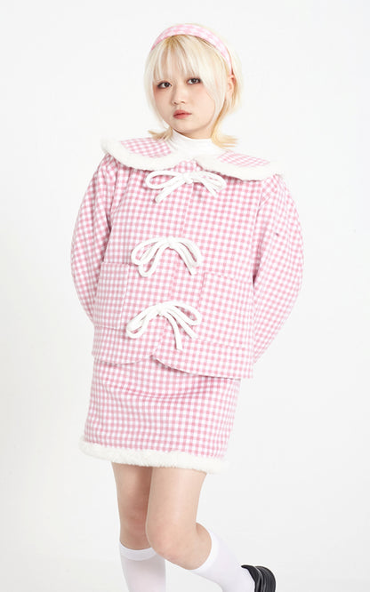 Chinese-Style Pink Wool Plaid Skirt