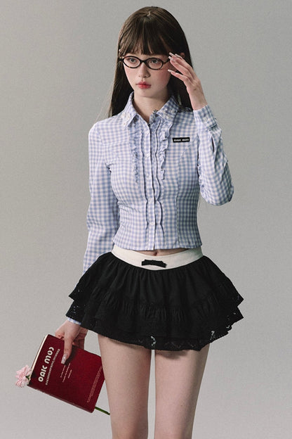 Blue White Plaid Shirt Skirt Set-Up