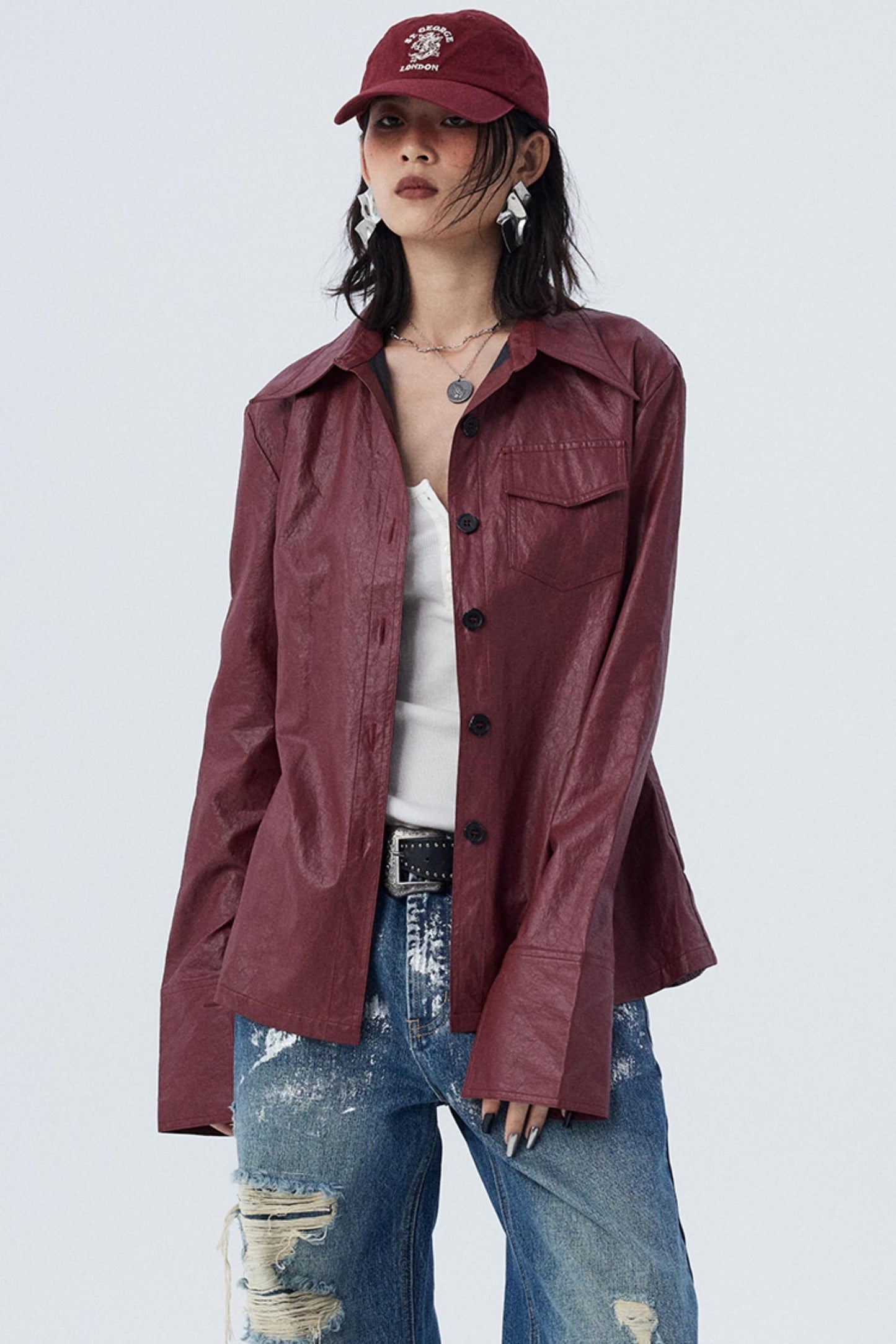 Red Patch Leather Lapel Jacket