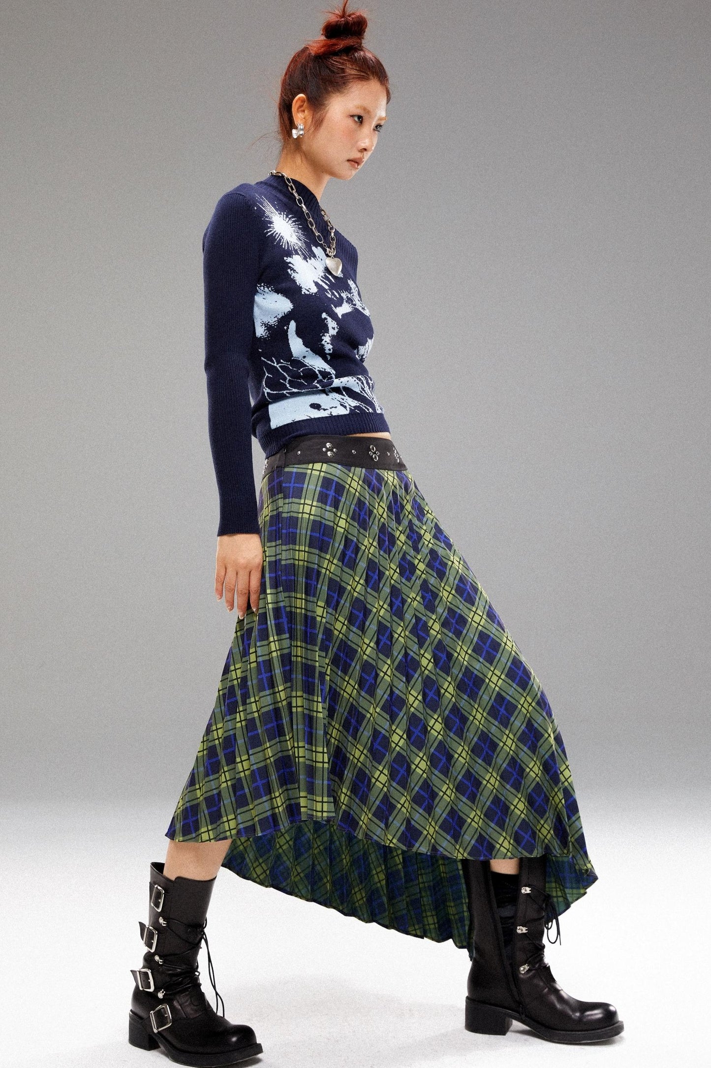 Dimensional Pleated Check Skirt