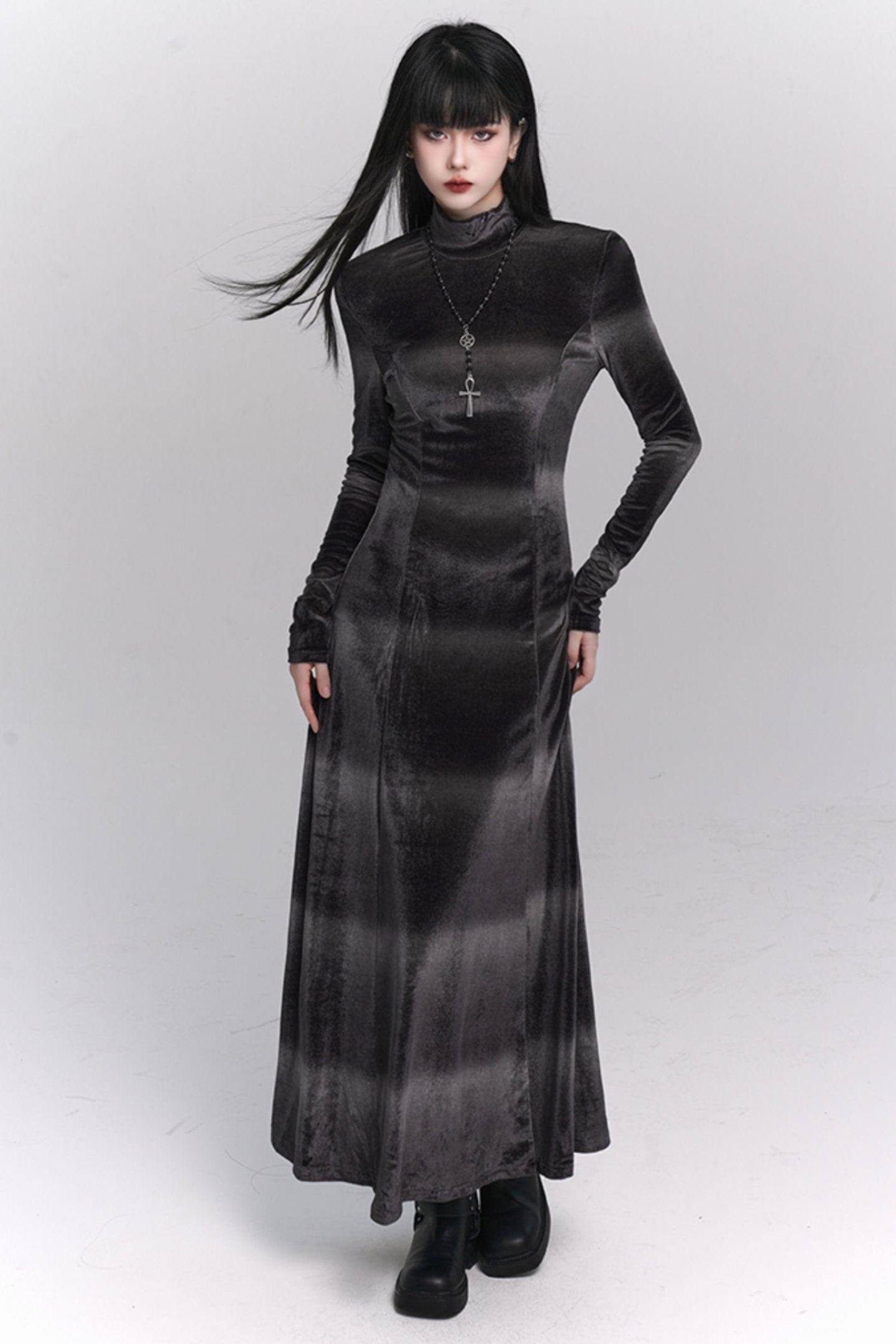 Gray Velvet Autumn Winter Dress