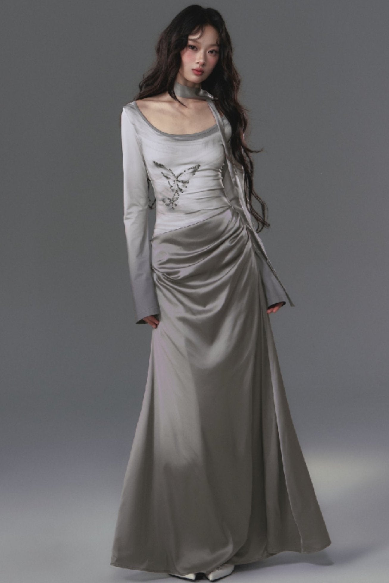 Gray Long Sleeve Butterfly Dress