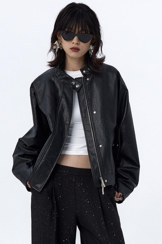 Pleated Black Leather Biker Jacket