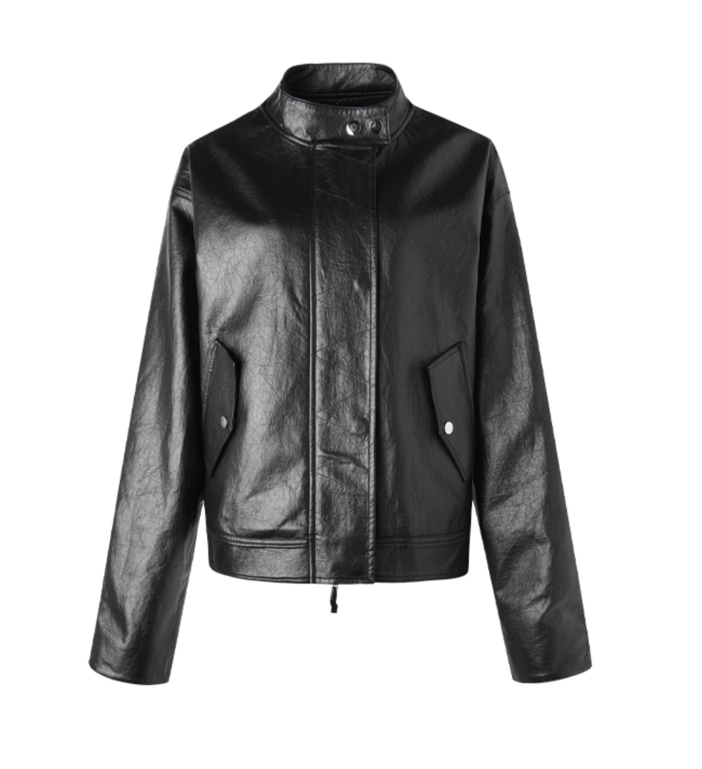 Pleated Black Leather Biker Jacket