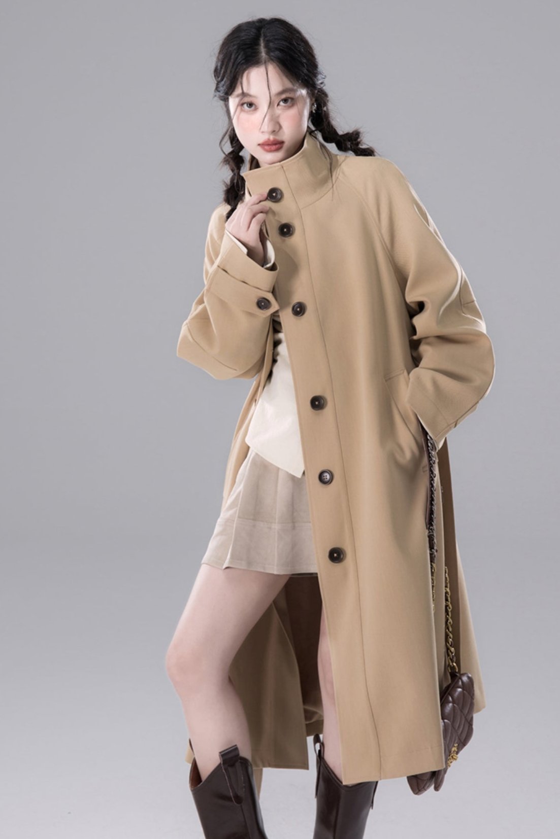 Lilac Khaki Chimney Neck Trench Coat